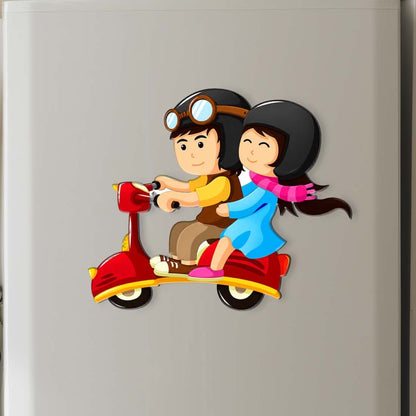 Cute couple riding scooter MDF fridge magnet in colourful cartoon design – Fashionury