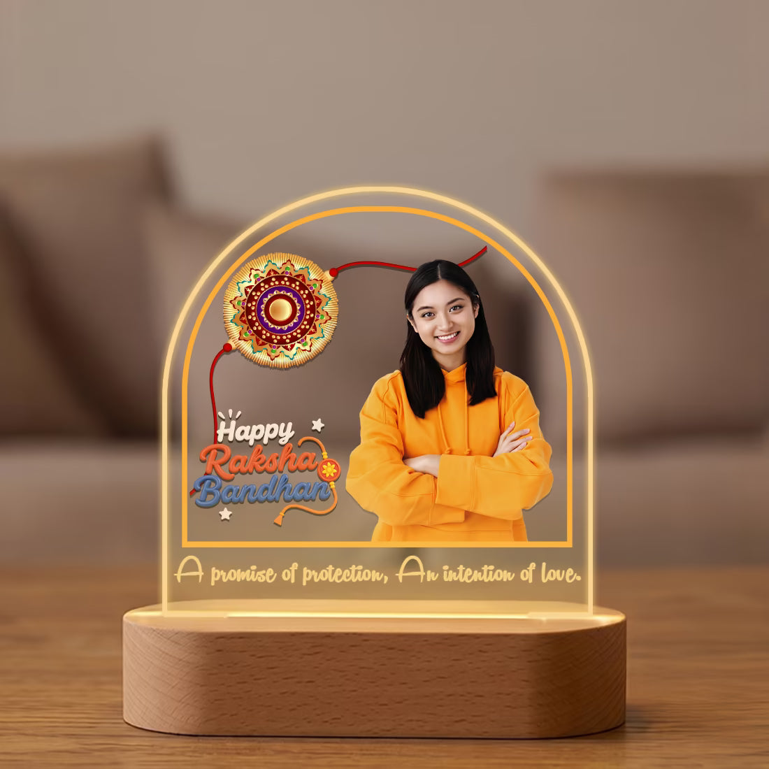 Happy Raksha Bandhan custom photo acrylic LED lamp with Rakhi motif and quote