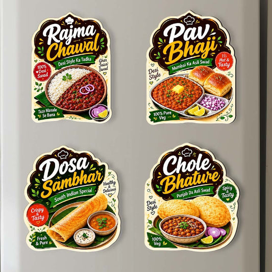 Indian thali food MDF fridge magnet set of 4 with Rajma Chawal, Pav Bhaji, Dosa Sambhar and Chole Bhature designs – Fashionury