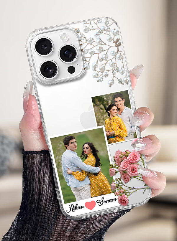 Pearl Rose Dual Photo & Couple Name Custom Silicone Cover