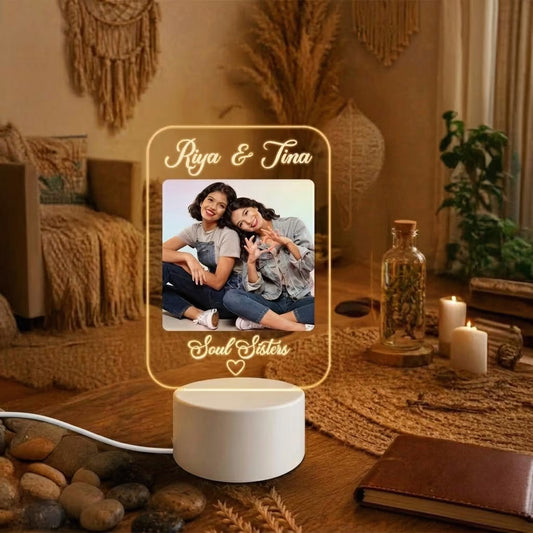Fashionury Custom Soul Sisters Photo Acrylic LED Lamp with Custom Names Engraving and Warm White Round Base