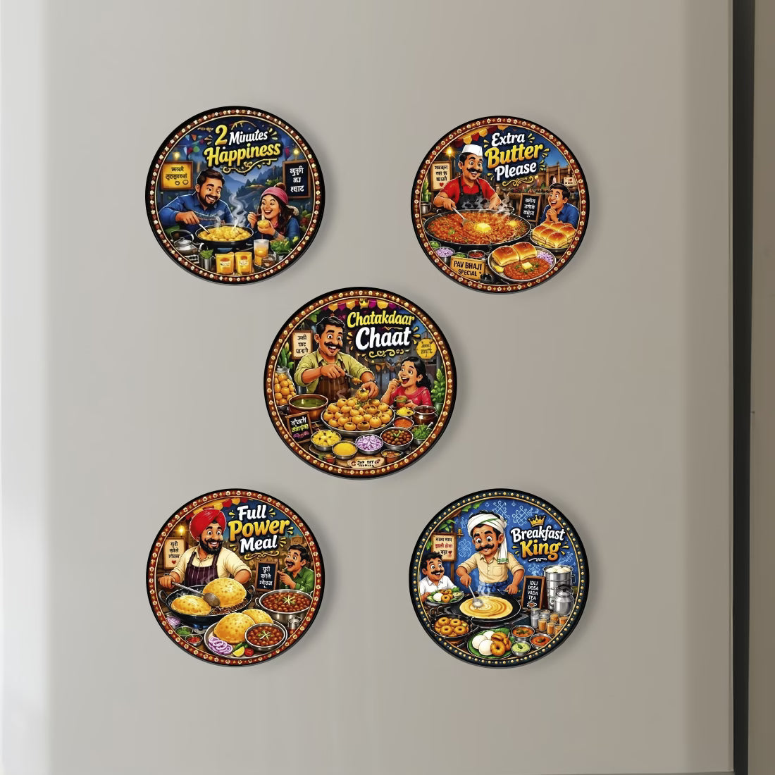 Indian street food MDF fridge magnet set of 5 with Maggi, Pav Bhaji, Chaat, Chole Bhature and Dosa designs – Fashionury