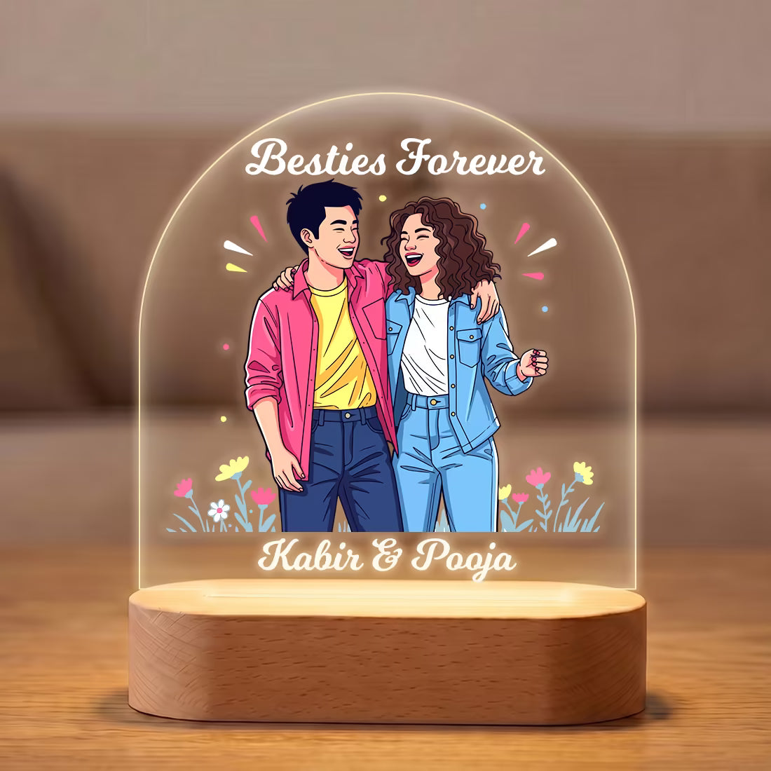 Besties Forever acrylic LED lamp with bestie duo illustration and custom names