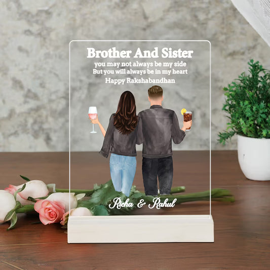 Custom acrylic photo frame with Richa and Rahul names, brother and sister quote for Rakhi gift