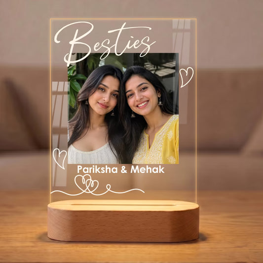 Besties' custom photo acrylic LED lamp with two friends' portraits and names