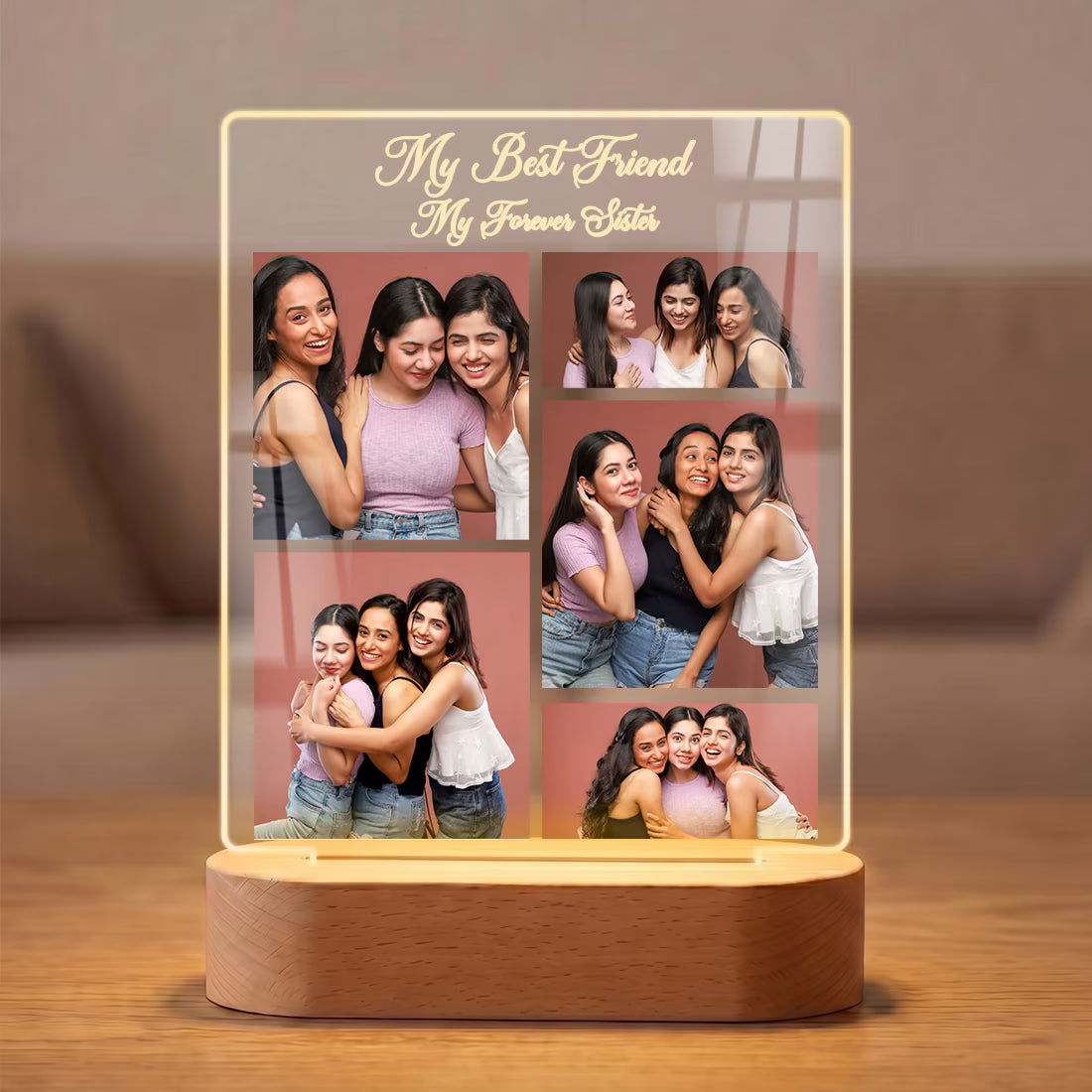 Fashionury Custom My Best Friend My Forever Sister 5 Photo Collage Acrylic LED Lamp with Golden Engraving and Warm Oval Wooden Base