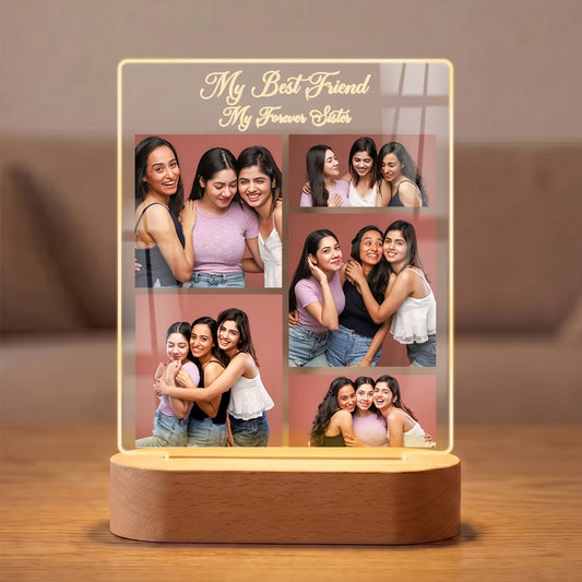 Fashionury Custom My Best Friend My Forever Sister 5 Photo Collage Acrylic LED Lamp with Golden Engraving and Warm Oval Wooden Base