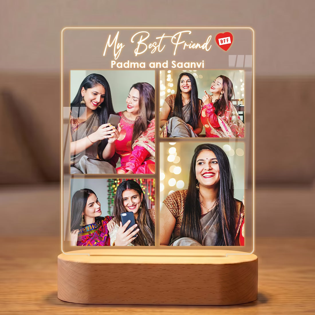 My Best Friend acrylic LED lamp with four photo collage and BFF names