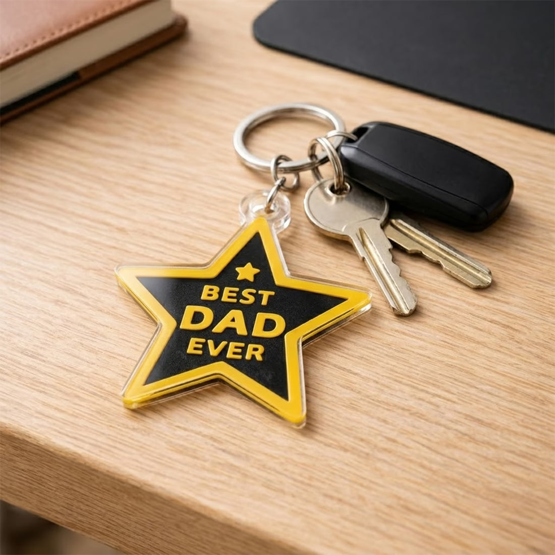Best Dad Ever star shape acrylic keychain with golden text and metal ring

