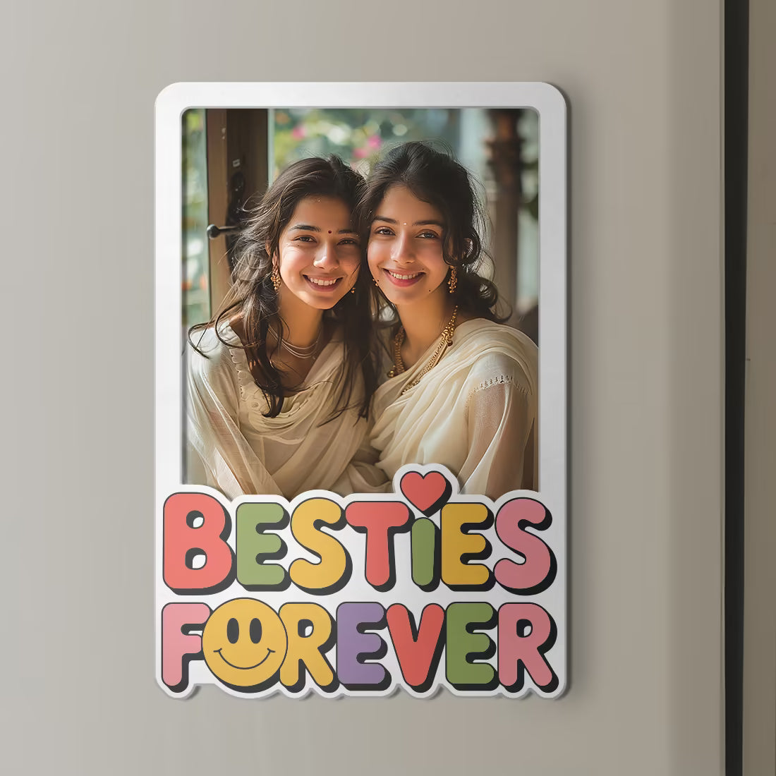 Besties Forever custom photo wooden fridge magnet with retro typography and smiley

