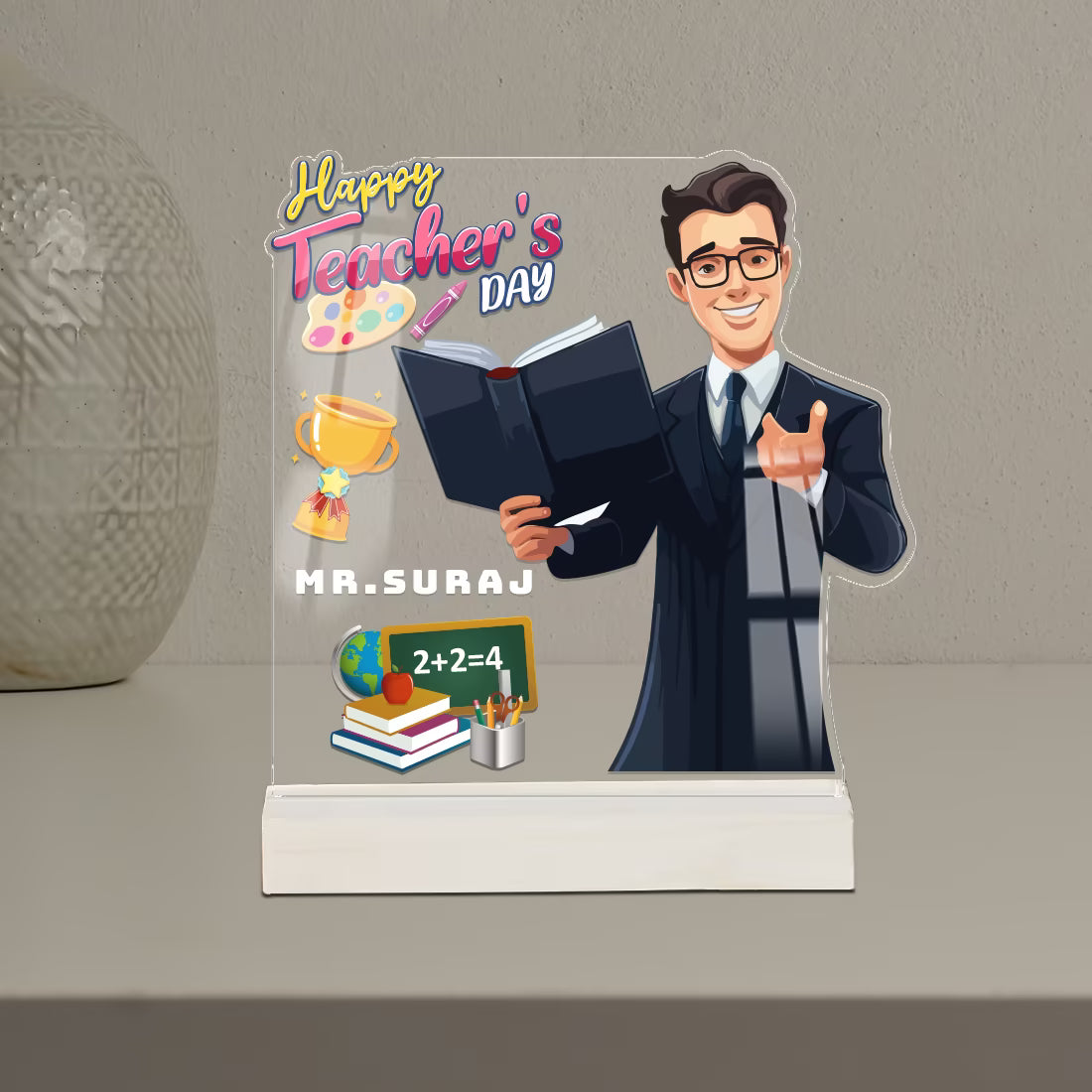 Personalized Teachers Day acrylic plaque for sir with custom name and male teacher cartoon design on wooden base – Fashionury