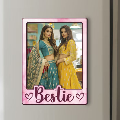 Bestie custom photo wooden fridge magnet with bold script and pink watercolour design