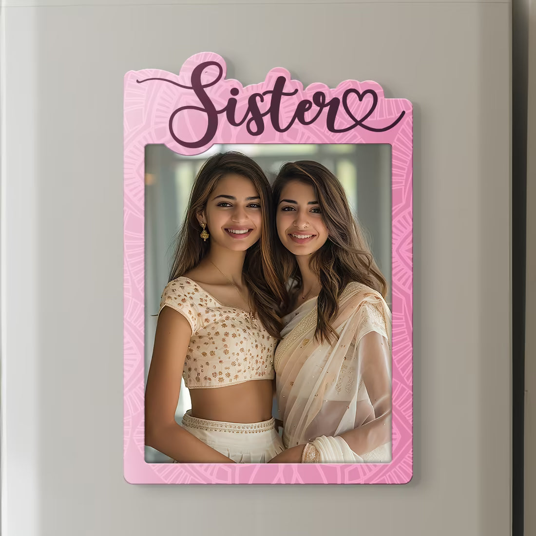 Sister custom photo wooden fridge magnet with laser-cut pink design and script