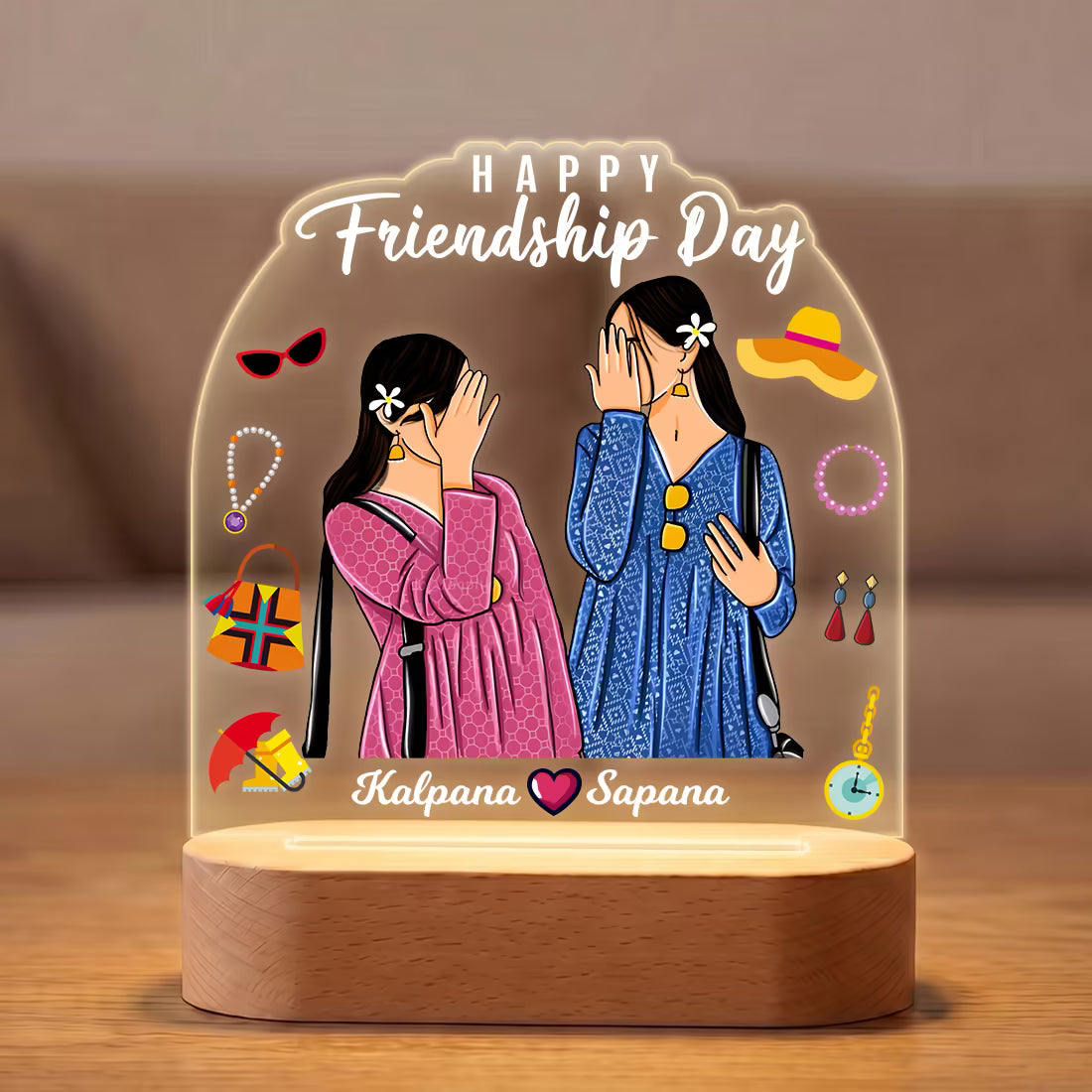 Happy Friendship Day acrylic LED lamp with bestie duo illustration and names