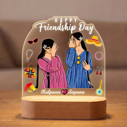 Happy Friendship Day acrylic LED lamp with bestie duo illustration and names