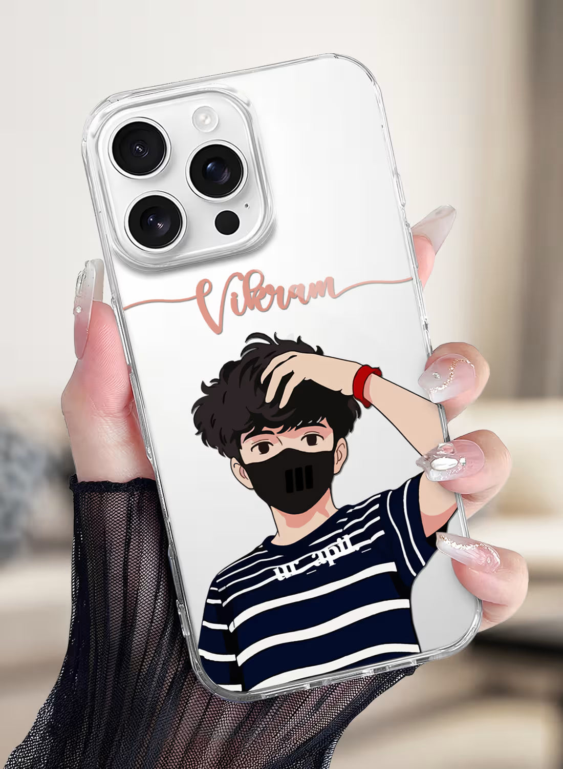 Custom UV-printed clear silicone phone cover with cool anime boy in black mask, striped tee and script name text
