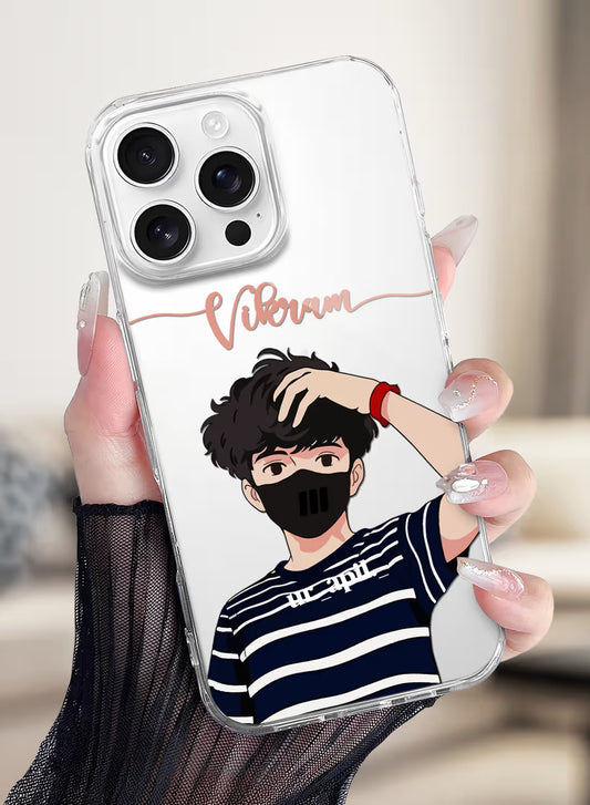 Custom UV-printed clear silicone phone cover with cool anime boy in black mask, striped tee and script name text
