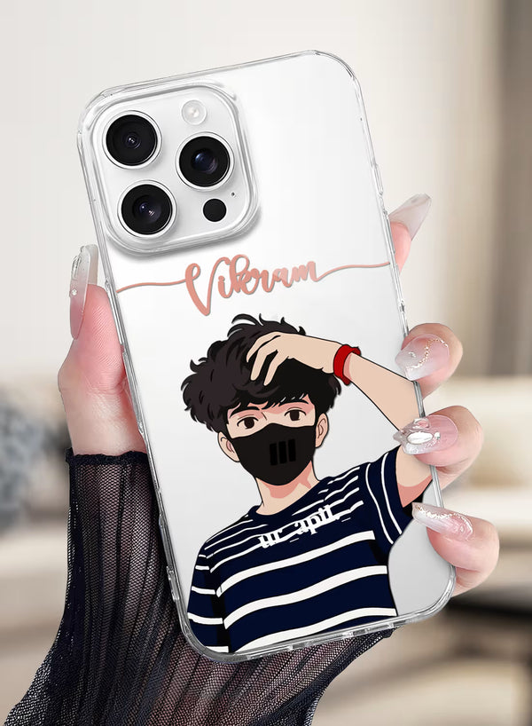 Custom Name Cool Masked Boy Clear Silicone Phone Cover