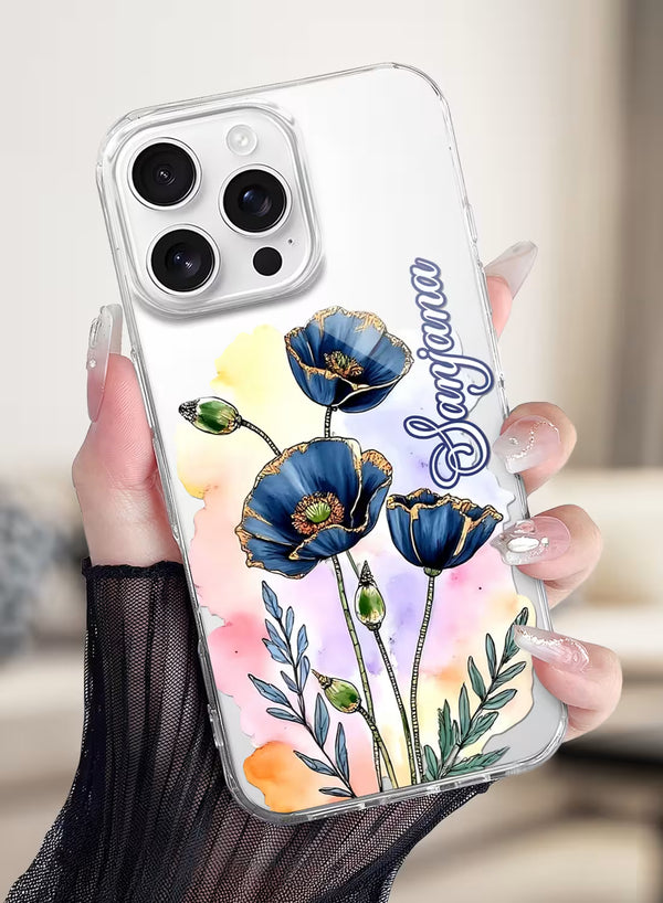 Custom Name Blue Poppy Floral Clear Silicone Phone Cover