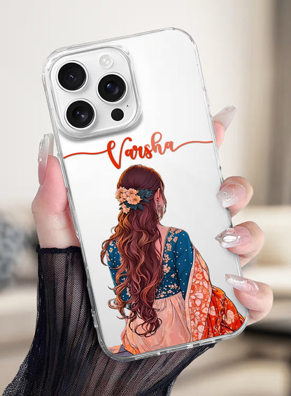 Custom name Varsha printed on clear silicone phone cover with floral hair ethnic girl design