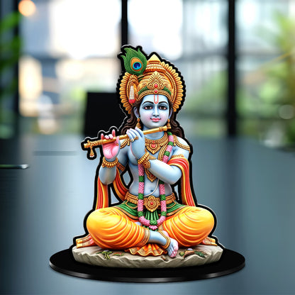 Lord Krishna acrylic standee playing flute with peacock feather crown on black base – Fashionury