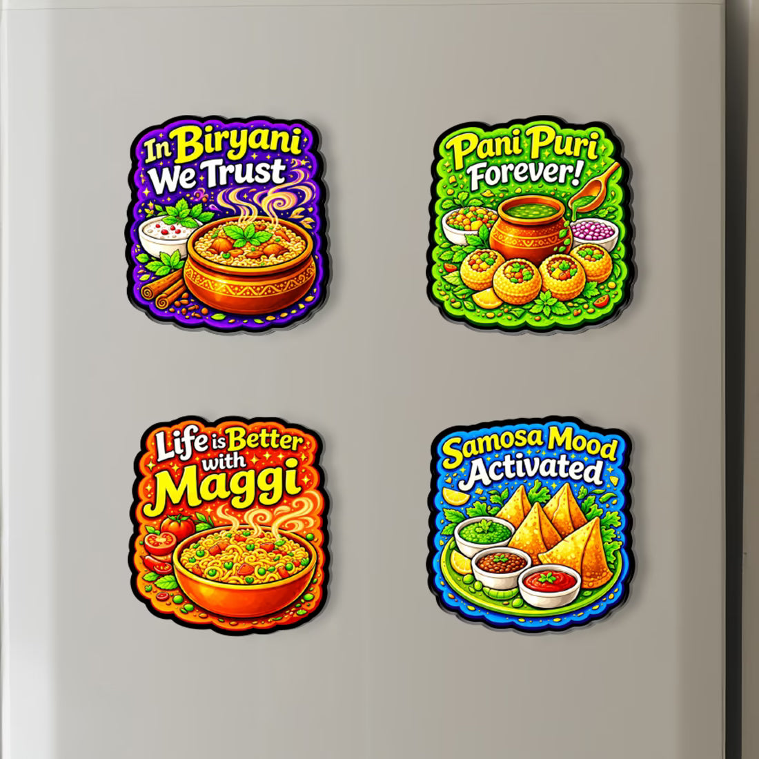 Desi foodie MDF fridge magnet set of 4 with Biryani, Pani Puri, Maggi and Samosa designs – Fashionury