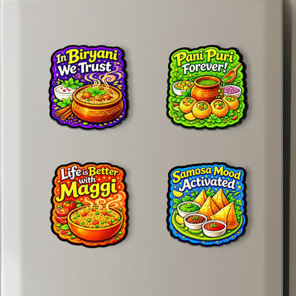 Desi foodie MDF fridge magnet set of 4 with Biryani, Pani Puri, Maggi and Samosa designs – Fashionury