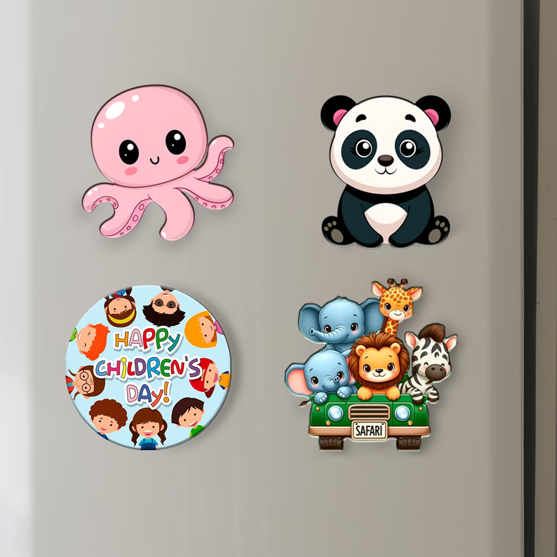 Children's Day safari animal MDF fridge magnet set of 4 with octopus, panda and safari jeep designs – Fashionury