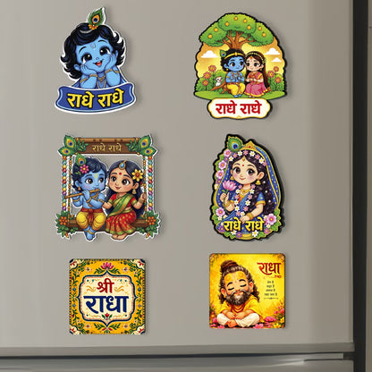 Radhe Radhe MDF fridge magnet set of 6 with cute Radha Krishna devotional designs – Fashionury