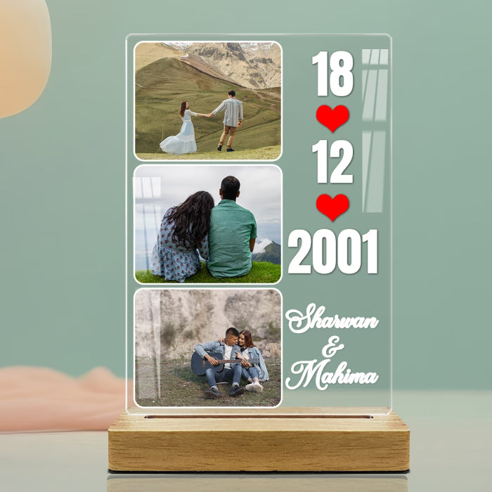 Buy Online Fashionury Print & Engrave Acrylic 3 Photo Led Lamp with date and name - Wooden base