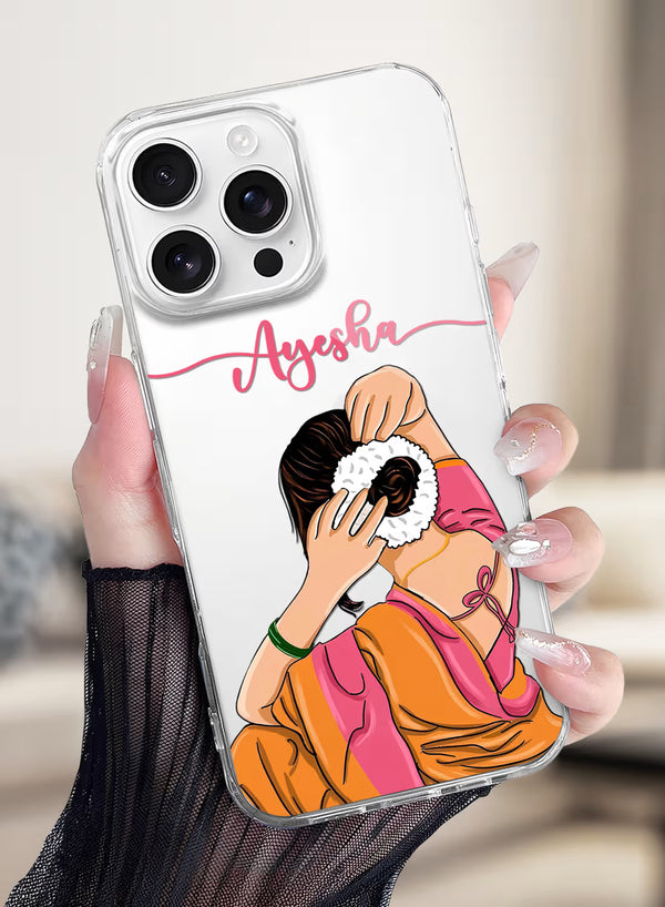 Custom Name Orange Saree Girl Clear Silicone Phone Cover