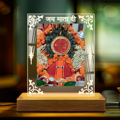 Maa Chintpurni darbar acrylic LED table lamp with Jai Mata Di design and warm glow on wooden stand – Fashionury