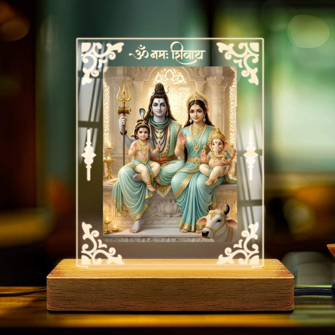 Shiv Parivar acrylic LED table lamp with Om Namah Shivay design and warm glow on wooden stand – Fashionury