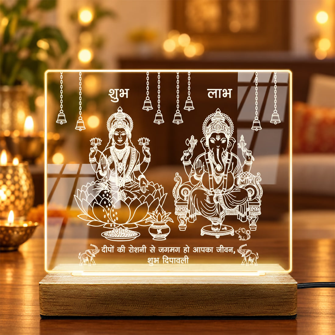 Shubh Labh Lakshmi Ganesh laser engraved acrylic LED table lamp with warm glow wooden stand – Fashionury