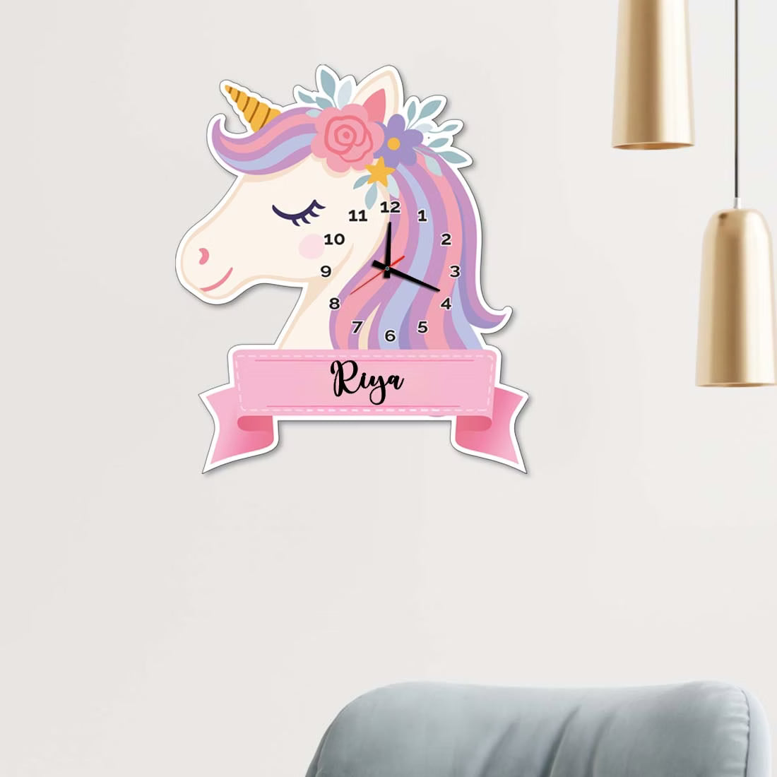 Personalized unicorn acrylic wall clock with custom name mounted on kids room wall – Fashionury