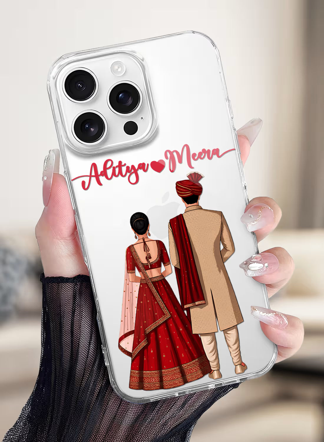 Custom UV-printed clear silicone phone cover with Indian bride and groom wedding couple and script couple names