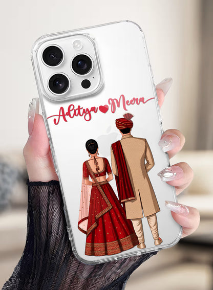 Custom UV-printed clear silicone phone cover with Indian bride and groom wedding couple and script couple names