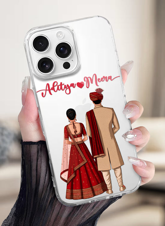 Custom UV-printed clear silicone phone cover with Indian bride and groom wedding couple and script couple names