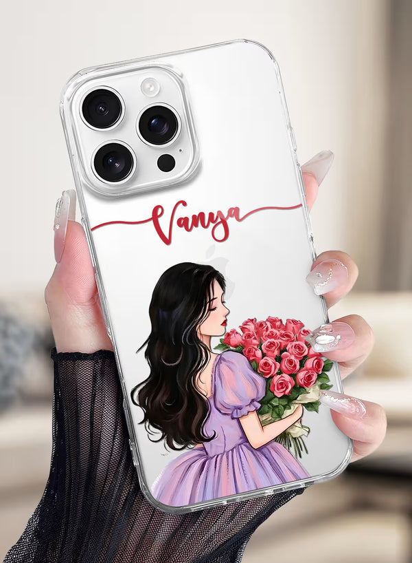Rose Bouquet Girl Custom Name Silicone Mobile Cover