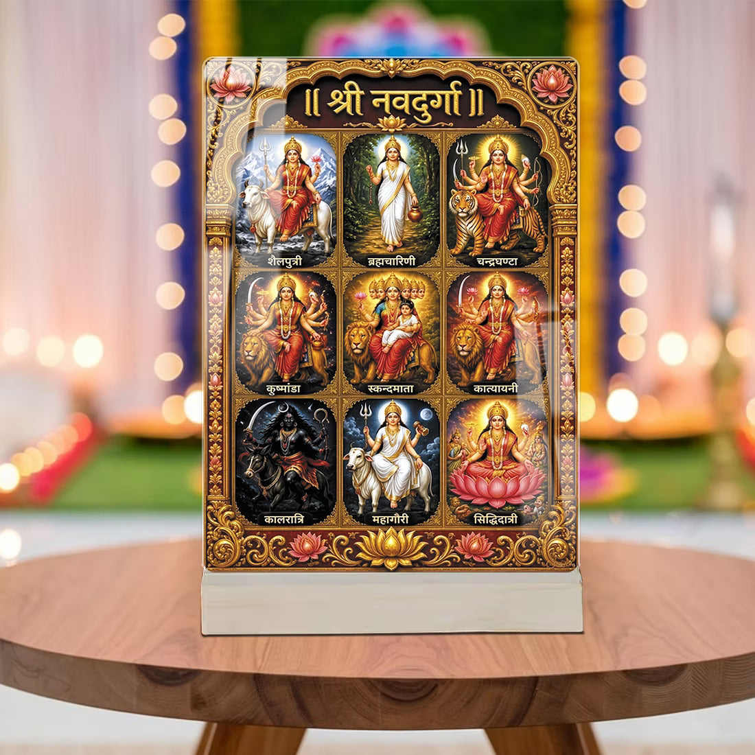 Shri Navdurga acrylic tabletop frame showing nine forms of Maa Durga with golden border and wooden base – Fashionury