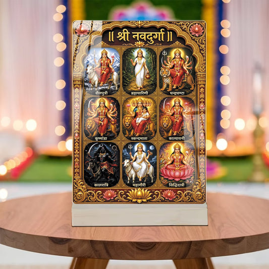 Shri Navdurga acrylic tabletop frame showing nine forms of Maa Durga with golden border and wooden base – Fashionury