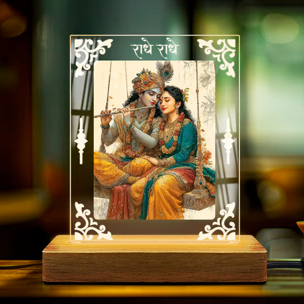 Shree Radha-Krishna Acrylic Led Lamp - Wooden Stand D2