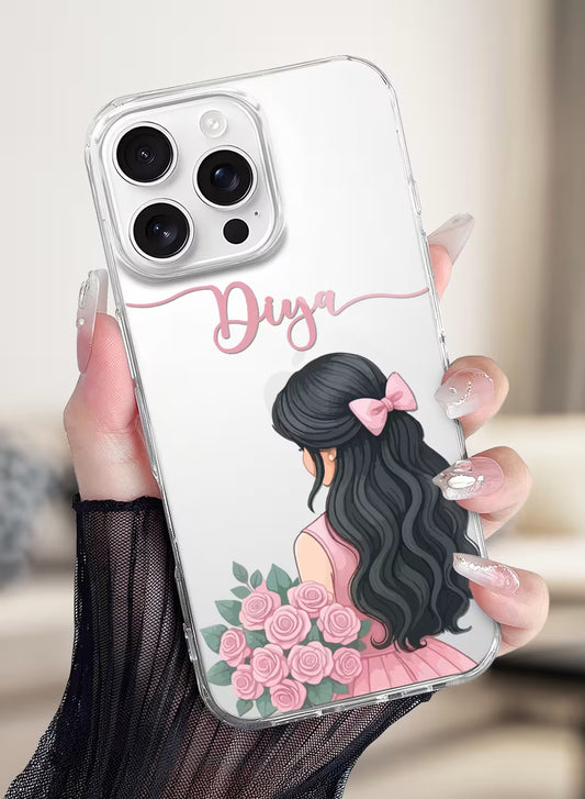 Custom UV-printed clear silicone phone cover with girl in pink dress holding rose bouquet and script name text
