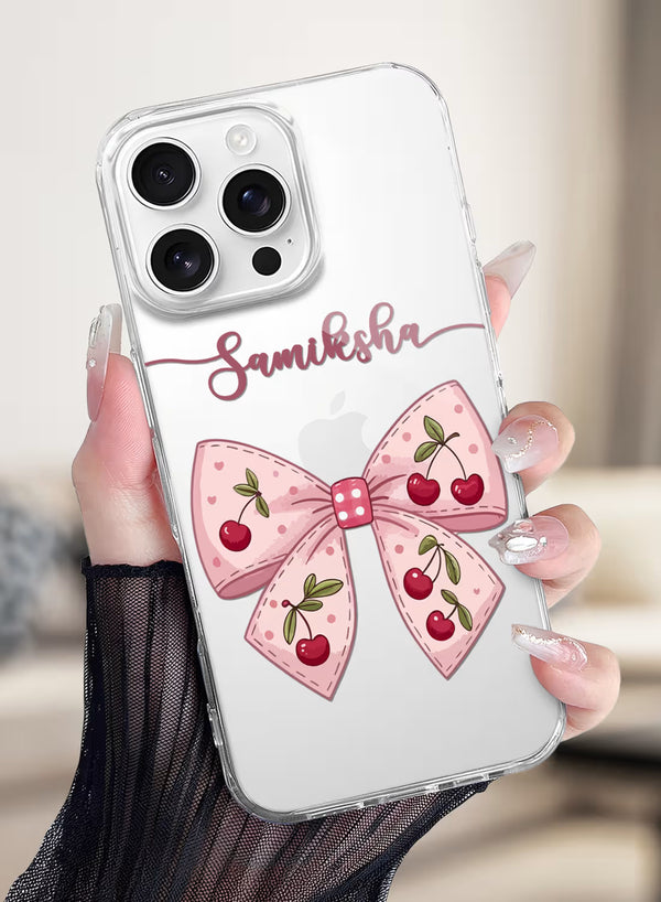 Pink Cherry Bow Printed Clear Silicone Back Cover