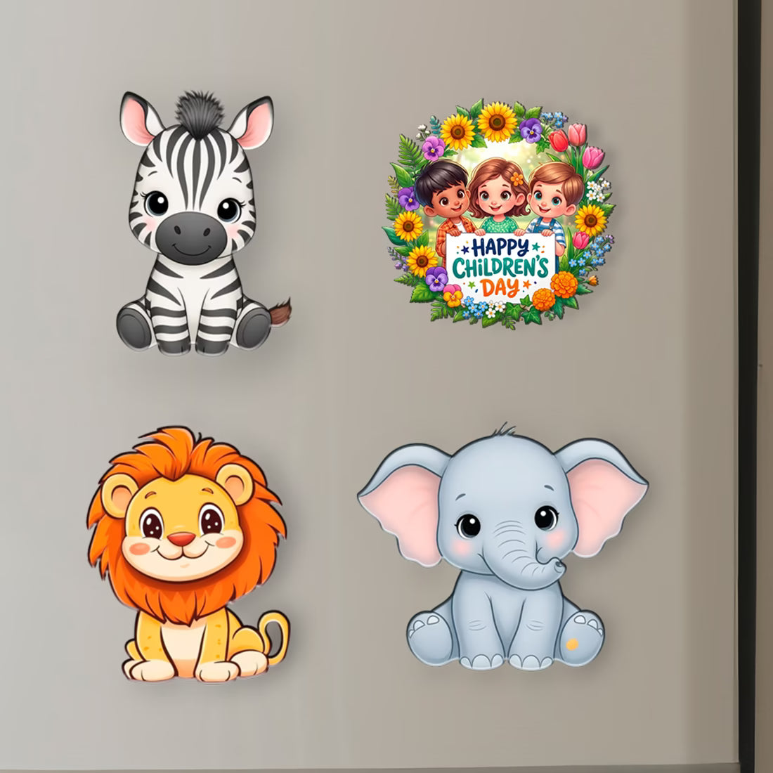Children's Day jungle animal MDF fridge magnet set of 4 with zebra, lion and elephant designs – Fashionury