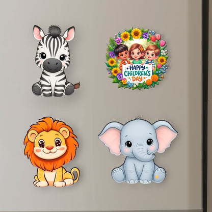 Children's Day jungle animal MDF fridge magnet set of 4 with zebra, lion and elephant designs – Fashionury