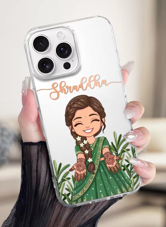 Custom UV-printed clear silicone phone cover with Indian girl in green saree, mehndi hands and script name text