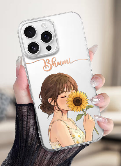 Custom clear silicone phone cover with anime girl holding sunflower and personalized script name text design