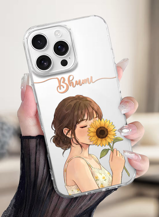 Custom clear silicone phone cover with anime girl holding sunflower and personalized script name text design