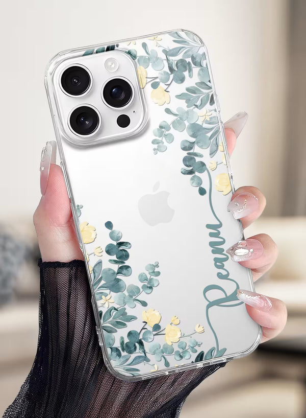 Custom Name Eucalyptus Floral Clear Silicone Phone Cover